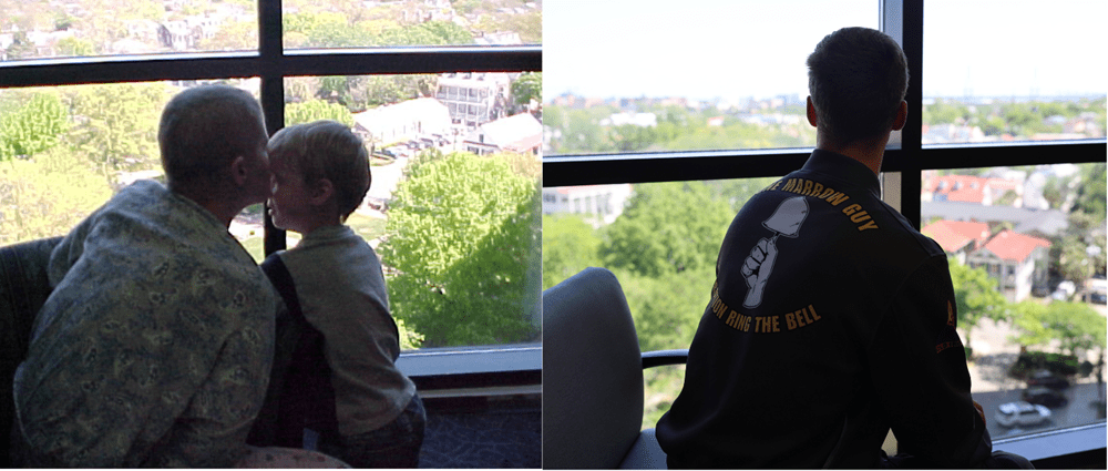 a collage of two photos with the subjects silhouetted looking at a window at the greenery of Charleston. On the left is an obviously ill woman with a little boy. On the right is the young man alone. 