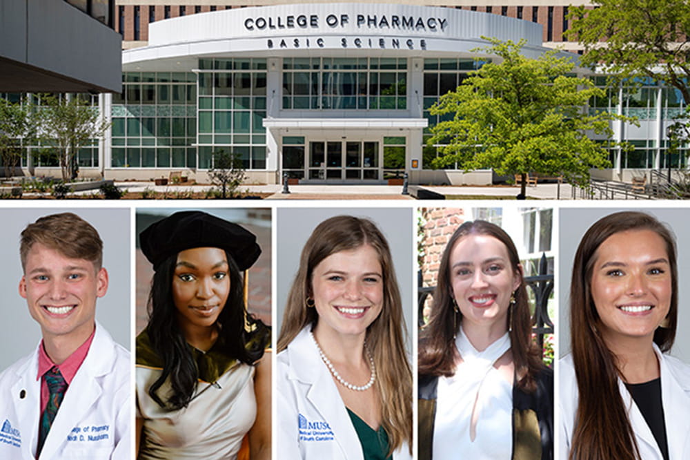 A picture of the MUSC College of Pharmacy at the topo, photos of five students below. The one on the far left is a man. The other four are women.