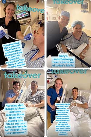 Four pictures of a patient with care team members on Instagram.