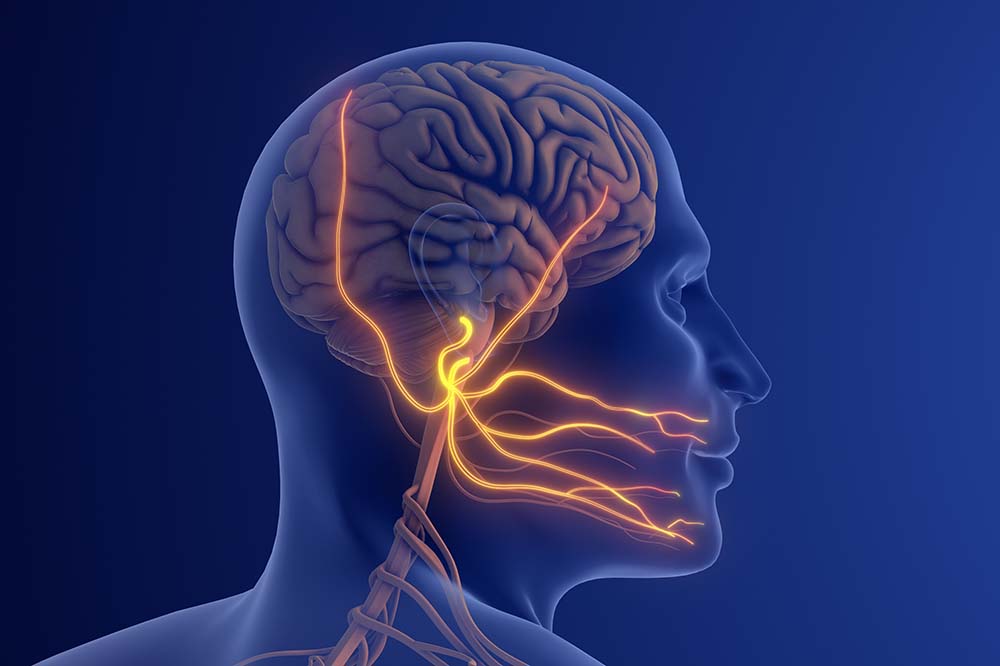 A head on a blue background with red and yellow lines going into the brain.