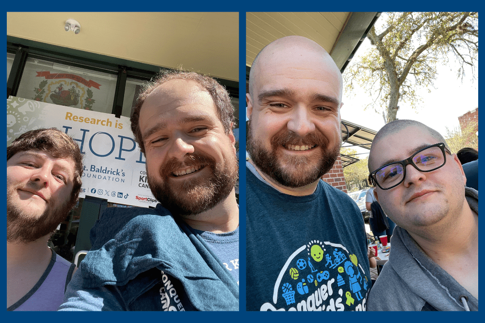 before and after selfies of two men who got their heads shaved to raise money for children's cancer research